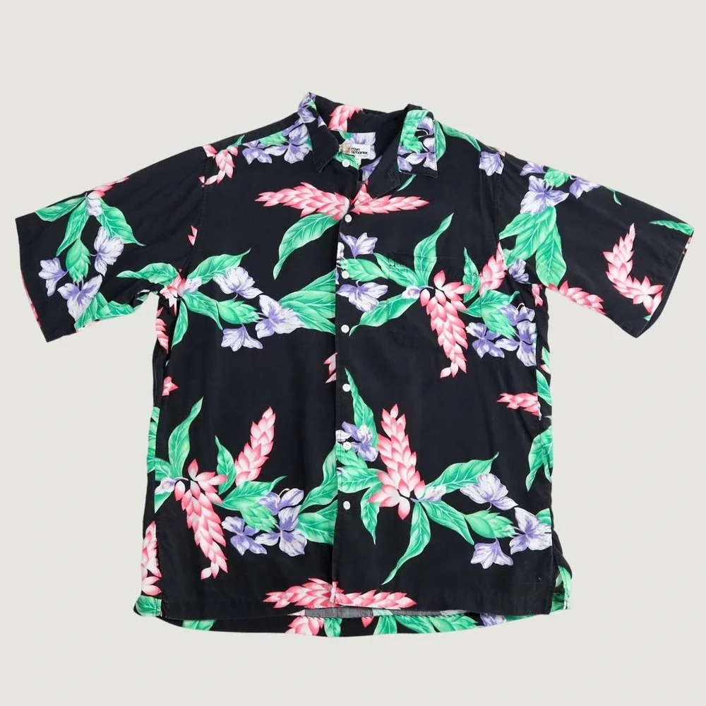 Vintage Reyn Spooner Hawaiian Shirt Mens L Black Floral Rayon Aloha Camp USA‎